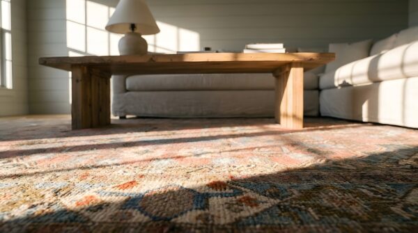 Unusual antique coral wool pile tribal design caucasian hand knotted rug 9 Unusual antique coral wool pile tribal design caucasian hand knotted rug (sku 25127) - in-room detail