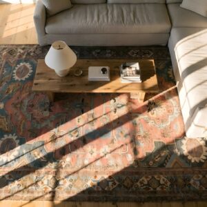 Unusual Antique Coral Wool Pile Tribal Design Caucasian Hand Knotted Rug (SKU 25127) - styled overhead view