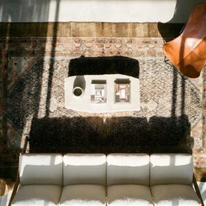 Unusual Persian Serab Design Antique Tribal Turkish Oushak Rug (SKU 25693) - styled overhead view
