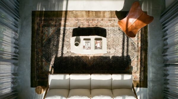 Unusual persian serab design antique tribal turkish oushak rug 2 Unusual persian serab design antique tribal turkish oushak rug (sku 25693) - styled overhead view