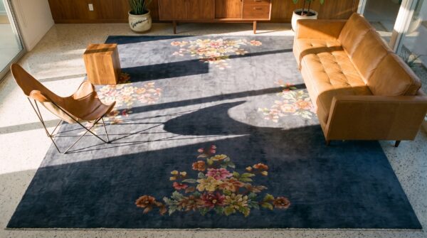 Unusual purple blue color antique chinese art deco room size area rug 2 Unusual purple blue color antique chinese art deco room size area rug (sku 25743) - styled overhead view