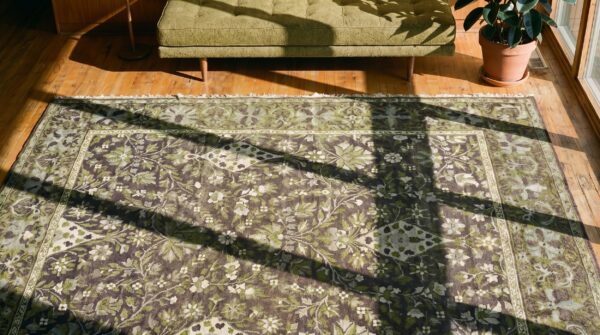 Unusual purple and green color antique room size wool pile agra carpet 2 Unusual purple and green color antique room size wool pile agra carpet (sku 18892) - styled overhead view