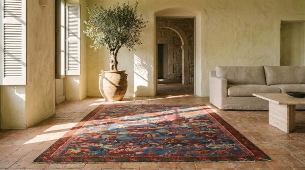 Unusual tribal abstract antique caucasian soumak small light blue flat weave rug 8 Unusual tribal abstract antique caucasian soumak small light blue flat weave rug (sku 19920) - room view