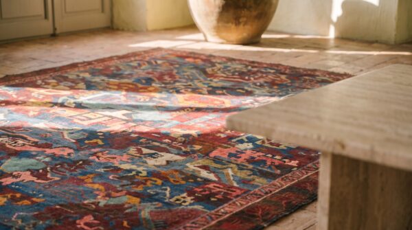Unusual tribal abstract antique caucasian soumak small light blue flat weave rug 9 Unusual tribal abstract antique caucasian soumak small light blue flat weave rug (sku 19920) - in-room detail