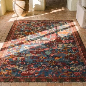 Unusual Tribal Abstract Antique Caucasian Soumak Small Light Blue Flat Weave Rug (SKU 19920) - styled overhead view