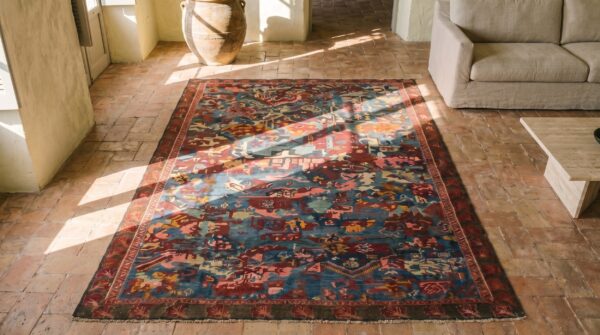 Unusual tribal abstract antique caucasian soumak small light blue flat weave rug 2 Unusual tribal abstract antique caucasian soumak small light blue flat weave rug (sku 19920) - styled overhead view