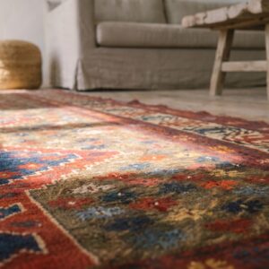 Unusual Unique Antique Artistic Tribal Geometric Caucasian Shirvan Rug (SKU 20138) - in-room detail