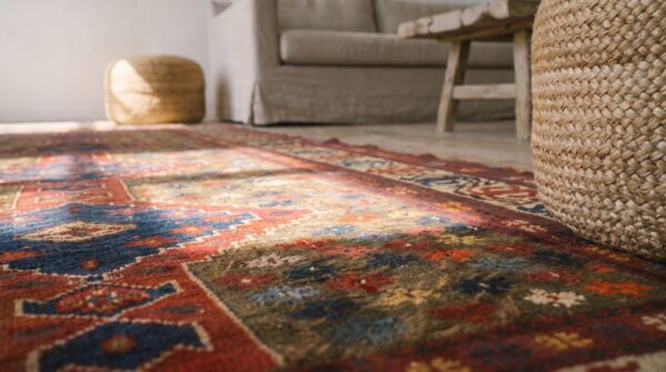 Unusual unique antique artistic tribal geometric caucasian shirvan rug 8 Unusual unique antique artistic tribal geometric caucasian shirvan rug (sku 20138) - in-room detail