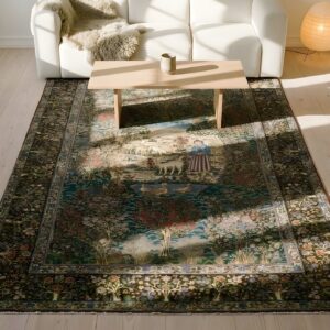 Very Fine Small Pictorial Antique Floral Persian Kerman Scatter Size Rug (SKU 25568) - styled overhead view