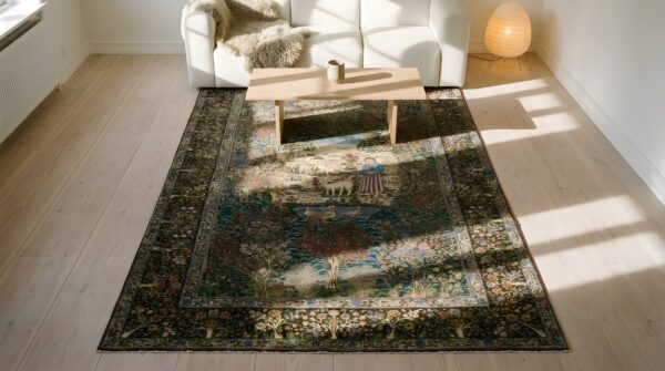 Very fine small pictorial antique floral persian kerman scatter size rug 2 Very fine small pictorial antique floral persian kerman scatter size rug (sku 25568) - styled overhead view