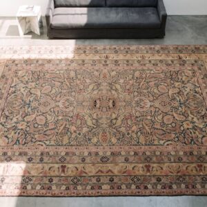 Very Fine Weave Late19th Century Antique Oversized Floral Persian Kerman Lavar Carpet (SKU 20913) - styled overhead view