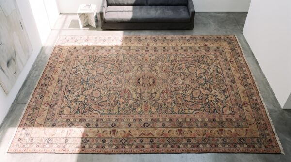 Very fine weave late19th century antique oversized floral persian kerman lavar carpet 2 Very fine weave late19th century antique oversized floral persian kerman lavar carpet (sku 20913) - styled overhead view