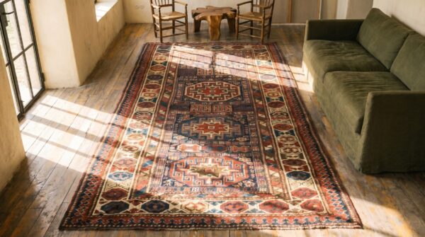 Vibrant 19th century antique allover geometric tribal caucasian hallway runner rug 2 Vibrant 19th century antique allover geometric tribal caucasian hallway runner rug (sku 18391) - styled overhead view