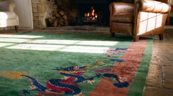 Vibrant green antique floral dragon design chinese art deco rug 6 Vibrant green antique floral dragon design chinese art deco rug (sku 25541) - in-room detail