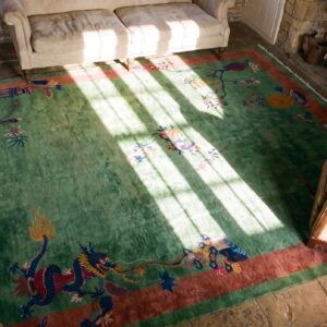 Vibrant Green Antique Floral Dragon Design Chinese Art Deco Rug (SKU 25541) - styled overhead view