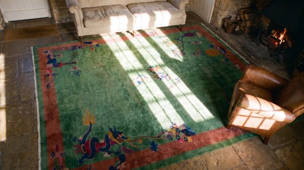 Vibrant green antique floral dragon design chinese art deco rug 2 Vibrant green antique floral dragon design chinese art deco rug (sku 25541) - styled overhead view