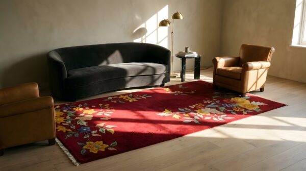 Vibrant red open field antique small scatter size chinese art deco rug (sku 21668) - room view