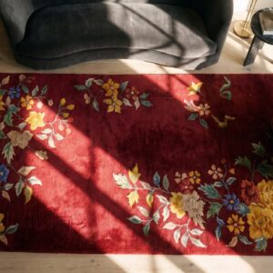 Vibrant Red Open Field Antique Small Scatter Size Chinese Art Deco Rug (SKU 21668) - styled overhead view