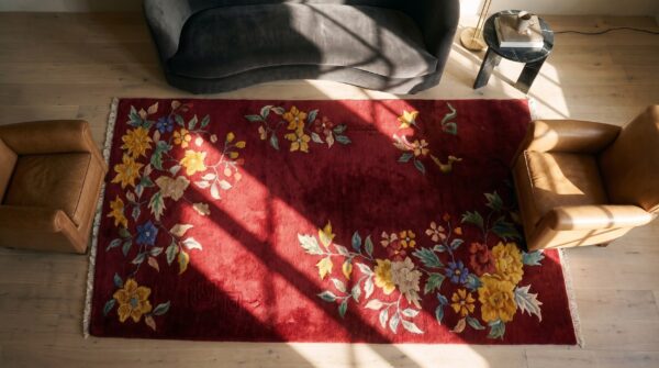 Vibrant red open field antique small scatter size chinese art deco rug (sku 21668) - styled overhead view