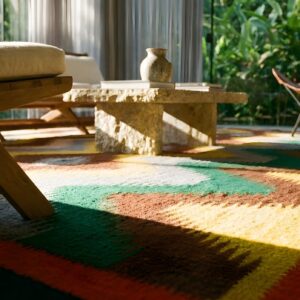 Vibrant Antique Square Native American Navajo Rug - Small Scatter Size (SKU 25128) - in-room detail