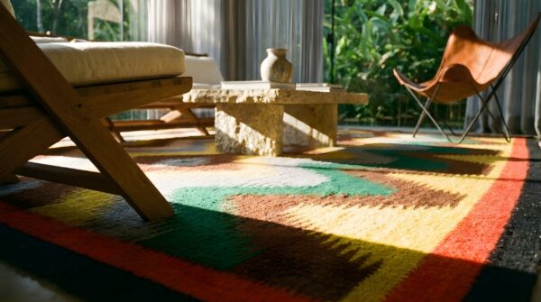 Vibrant antique square native american navajo rug - small scatter size 10 Vibrant antique square native american navajo rug - small scatter size (sku 25128) - in-room detail