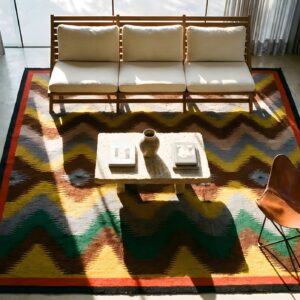 Vibrant Antique Square Native American Navajo Rug - Small Scatter Size (SKU 25128) - styled overhead view