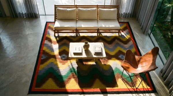 Vibrant antique square native american navajo rug - small scatter size 2 Vibrant antique square native american navajo rug - small scatter size (sku 25128) - styled overhead view