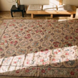 Antique Victorian Style European Roses Design Oversized English Needlepoint Rug (SKU 19469) - styled overhead view