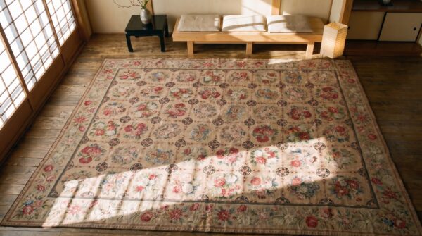 Antique victorian style european roses design oversized english needlepoint rug 2 Antique victorian style european roses design oversized english needlepoint rug (sku 19469) - styled overhead view