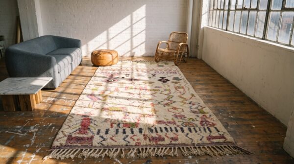 Vintage mid century moroccan beni ourain ivory tribal boho berber carpet 9 Vintage mid century moroccan beni ourain ivory tribal boho berber carpet (sku 22425) - room view