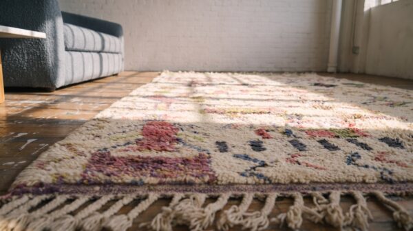 Vintage mid century moroccan beni ourain ivory tribal boho berber carpet 10 Vintage mid century moroccan beni ourain ivory tribal boho berber carpet (sku 22425) - in-room detail