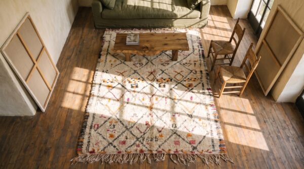 Vintage plush wool pile mid century moroccan tribal beni ourain berber carpet 2 Vintage plush wool pile mid century moroccan tribal beni ourain berber carpet (sku 22424) - styled overhead view