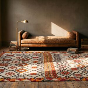 Vintage Tribal Geometric Design Moroccan Wool Pile Berber Carpet (SKU 21460) - room view