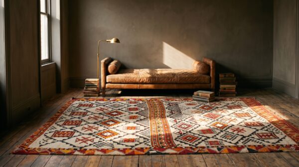 Vintage tribal geometric design moroccan wool pile berber carpet 4 Vintage tribal geometric design moroccan wool pile berber carpet (sku 21460) - room view