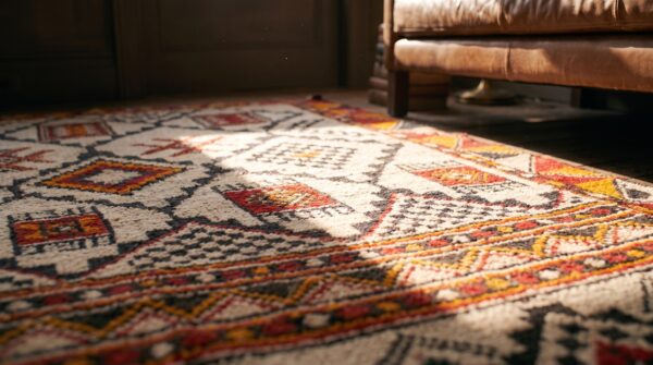 Vintage tribal geometric design moroccan wool pile berber carpet 5 Vintage tribal geometric design moroccan wool pile berber carpet (sku 21460) - in-room detail