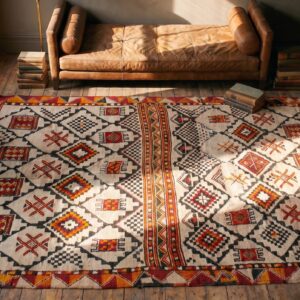 Vintage Tribal Geometric Design Moroccan Wool Pile Berber Carpet (SKU 21460) - styled overhead view