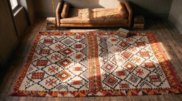 Vintage tribal geometric design moroccan wool pile berber carpet 2 Vintage tribal geometric design moroccan wool pile berber carpet (sku 21460) - styled overhead view