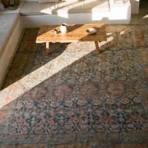 Antique W. Persian Bijar Carpet 11'2"×18'2" Powder Blue Field, Soft Red Border, Circa 1880 (SKU 18650) - styled overhead view