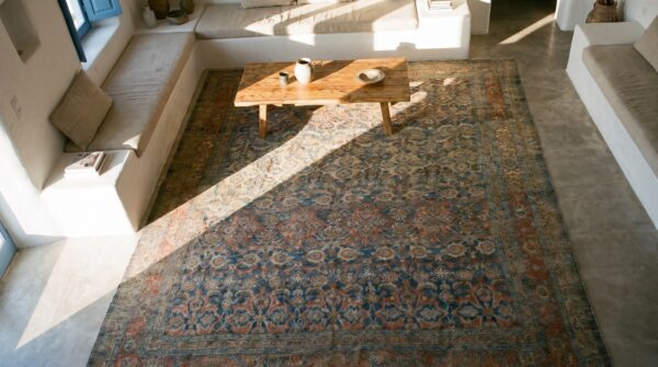 Antique w. Persian bijar carpet 11'2"×18'2" powder blue field, soft red border, circa 1880 2 Antique w. Persian bijar carpet 11'2"×18'2" powder blue field, soft red border, circa 1880 (sku 18650) - styled overhead view
