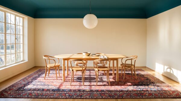 Antique w. Persian bijar carpet 15'6"×27'10" navy & teal green, hand-woven wool, circa 1870 2 Antique w. Persian bijar carpet 15'6"×27'10" navy & teal green, hand-woven wool, circa 1870 (sku 20263) - styled overhead view