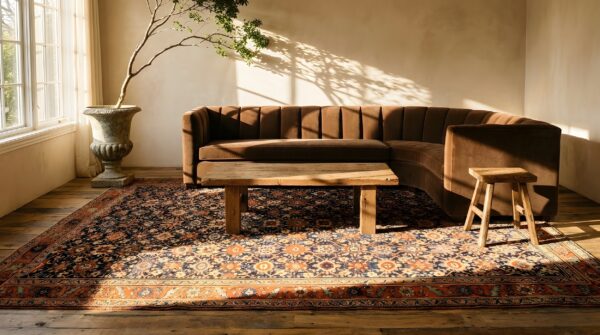 Antique w. Persian bijar carpet 7'8"×14'3" hand-knotted wool, mid 19th century (sku 24324) - styled overhead view