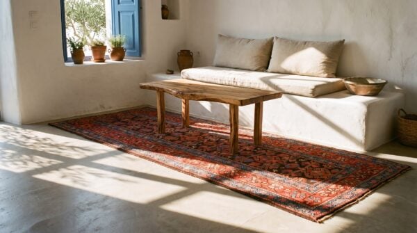 Antique w. Persian kurdish carpet 4'×8'9" brown field, red border, late 19th century 8 Antique w. Persian kurdish carpet 4'×8'9" brown field, red border, late 19th century (sku 19677) - room view