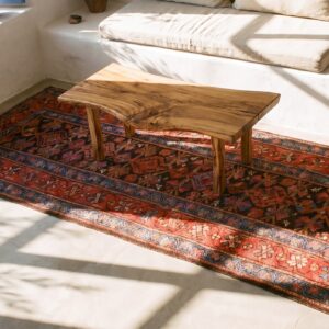 Antique W. Persian Kurdish Carpet 4'×8'9" Brown Field, Red Border, Late 19th Century (SKU 19677) - styled overhead view