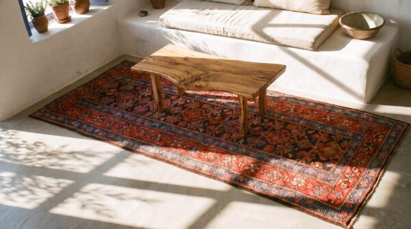 Antique w. Persian kurdish carpet 4'×8'9" brown field, red border, late 19th century 2 Antique w. Persian kurdish carpet 4'×8'9" brown field, red border, late 19th century (sku 19677) - styled overhead view