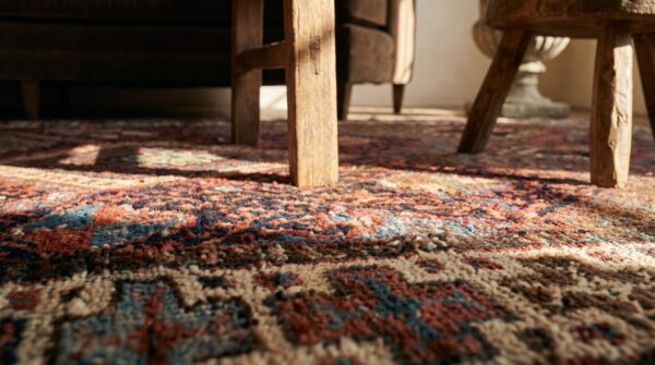 Antique w. Persian kurdish jaf carpet 3'10"×9'3" red field, ivory border, tribal lozenges, late 19th c. 9 Antique w. Persian kurdish jaf carpet 3'10"×9'3" red field, ivory border, tribal lozenges, late 19th c. (sku 19635) - in-room detail