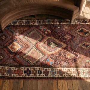 Antique W. Persian Kurdish Jaf Carpet 3'10"×9'3" Red Field, Ivory Border, Tribal Lozenges, Late 19th C. (SKU 19635) - styled overhead view