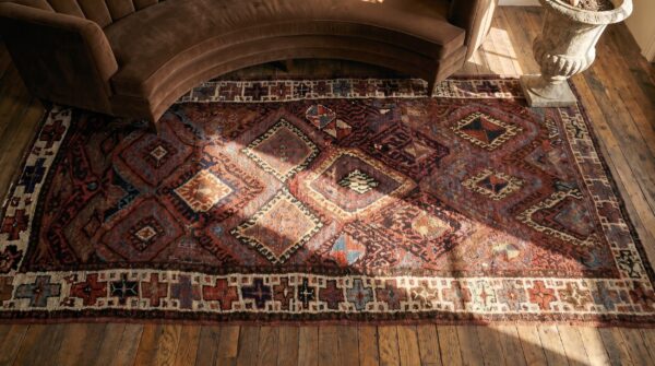 Antique w. Persian kurdish jaf carpet 3'10"×9'3" red field, ivory border, tribal lozenges, late 19th c. 2 Antique w. Persian kurdish jaf carpet 3'10"×9'3" red field, ivory border, tribal lozenges, late 19th c. (sku 19635) - styled overhead view