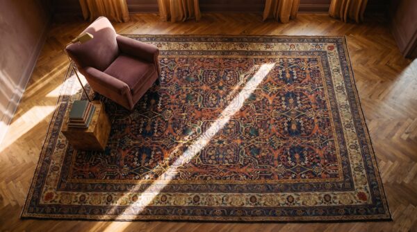 Antique w. Persian senneh garrus carpet 13'10"×20'9" navy & ivory, circa 1880 2 Antique w. Persian senneh garrus carpet 13'10"×20'9" navy & ivory, circa 1880 (sku 20261) - styled overhead view