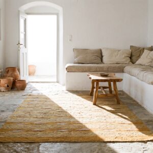 Warm Casual Antique Navajo Native American Square Flat Weave Rug (SKU 21420) - room view
