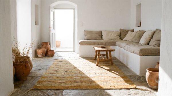 Warm casual antique navajo native american square flat weave rug 6 Warm casual antique navajo native american square flat weave rug (sku 21420) - room view